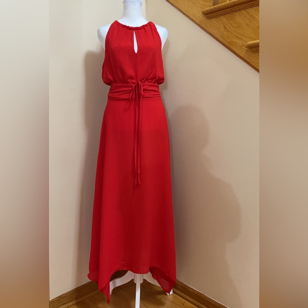 Women’s Chiffon Dress Size Medium Red Belt Bandade Waisted Asymmetrical Cocktail